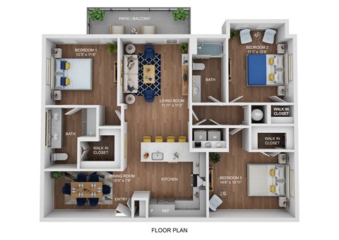 Floor plan for 3 beds, 2 baths, 1404 sqft